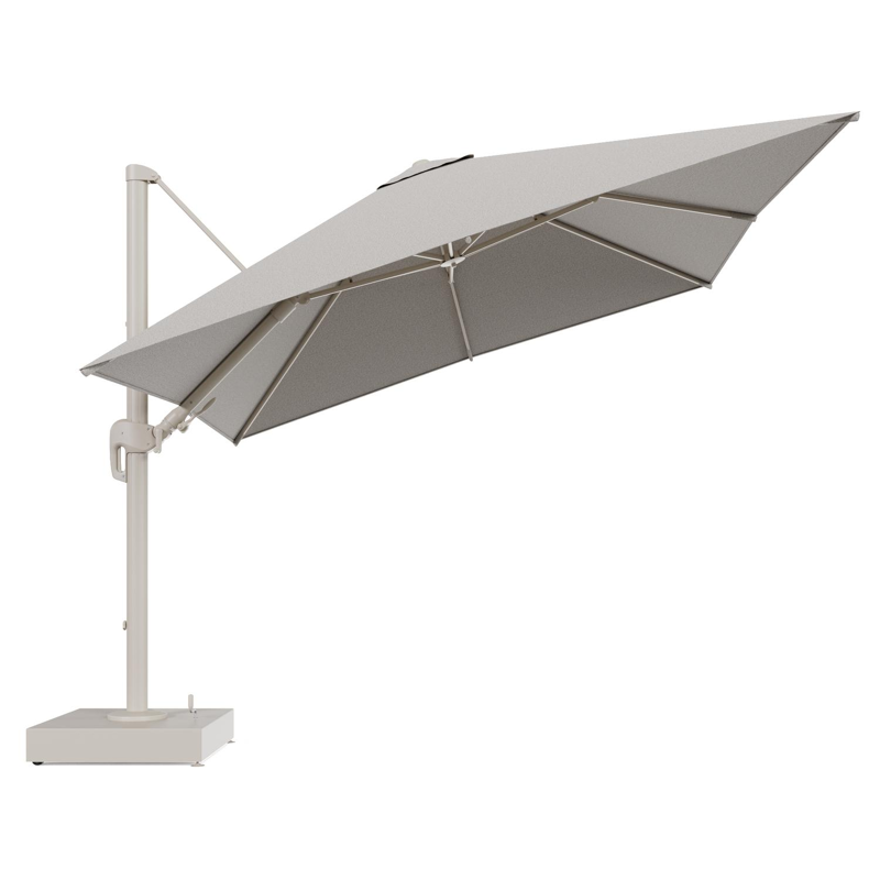 Rufina zweefparasol met tiltfunctie in beige aluminium en Firenze Sand All Weather Solica parasoldoek - L1 300 x L2 300 cm met parasolvoet Minore 150 kg met wielen
