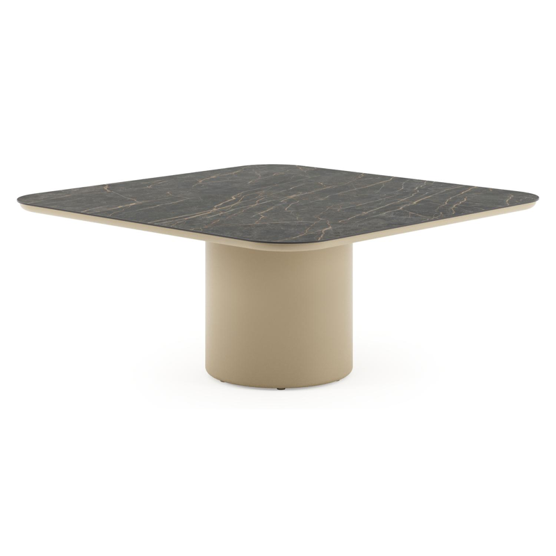 Amico low dining tuintafel afgerond vierkant in beige aluminium en volkeramiek Black Obsession - L 148 x B 148 x H 61 cm