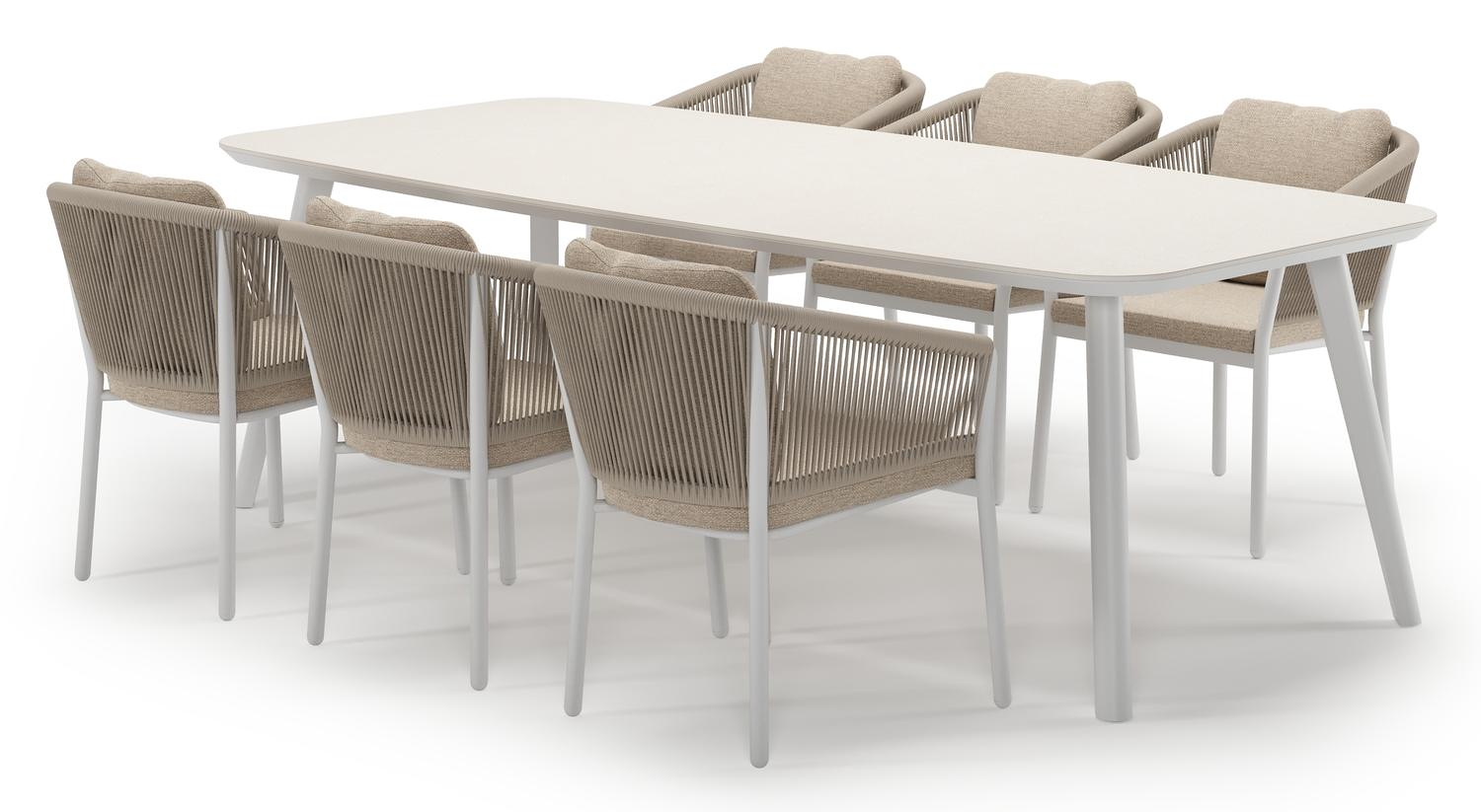 Mosa tuinset in wit aluminium en crema minerale sintered stone met 6 Gerona tuinstoelen