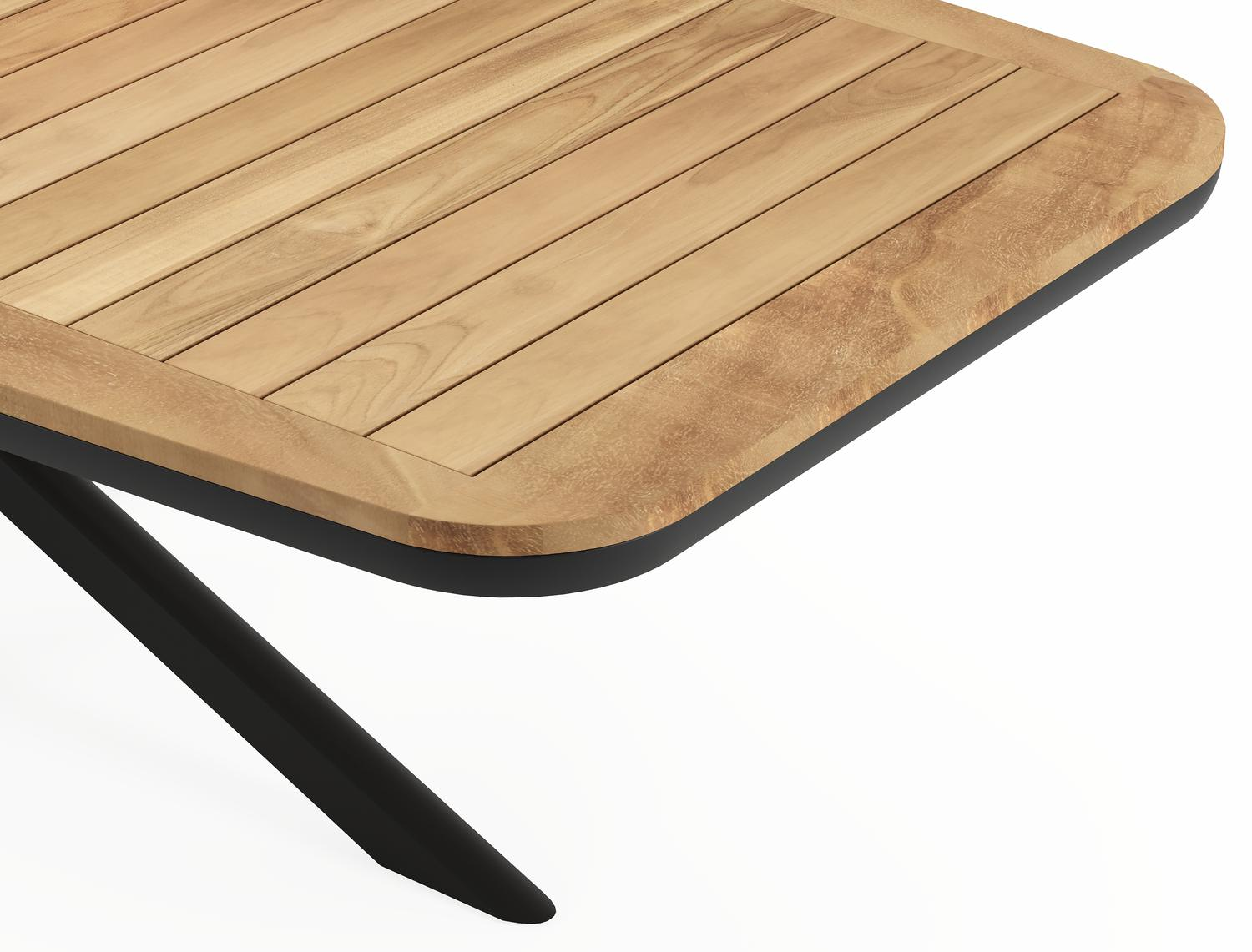 Pamplona bootvormige tuinset in zwart aluminium en teak natural finish met 10 Madura tuinstoelen