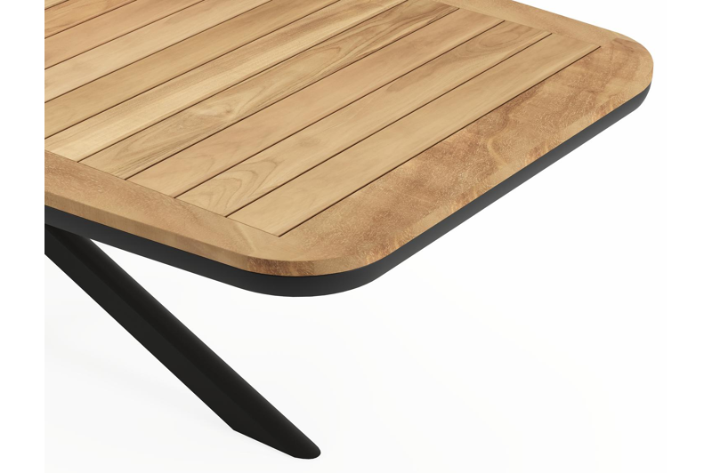 Pamplona bootvormige tuinset in zwart aluminium en teak natural finish met 8 Artena tuinstoelen