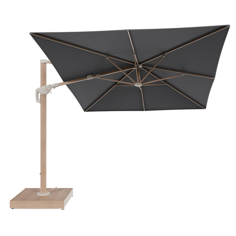 Minore zweefparasol met tiltfunctie in houtlook aluminium en Natte Charcoal Chine All Weather Sunbrella® Luxe parasoldoek - L1: 400 x L2: 300 cm met parasolvoet Minore 260 kg met wielen