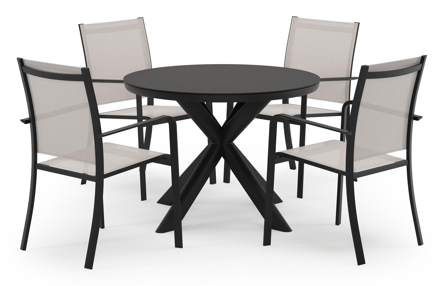 Pamplona ensemble de jardin ronde en aluminium noir en sintered stone notte minerale avec 4 chaises de jardin Calobra