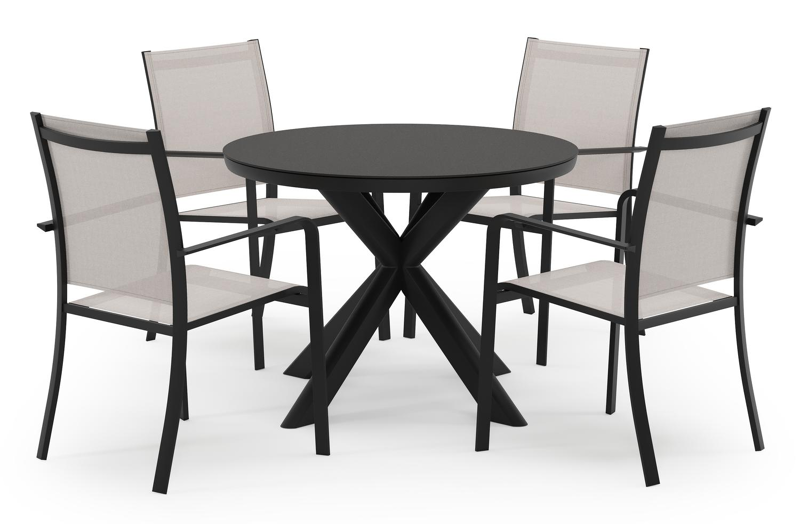 Pamplona ronde tuinset in zwart aluminium en sintered stone notte minerale met 4 Calobra tuinstoelen