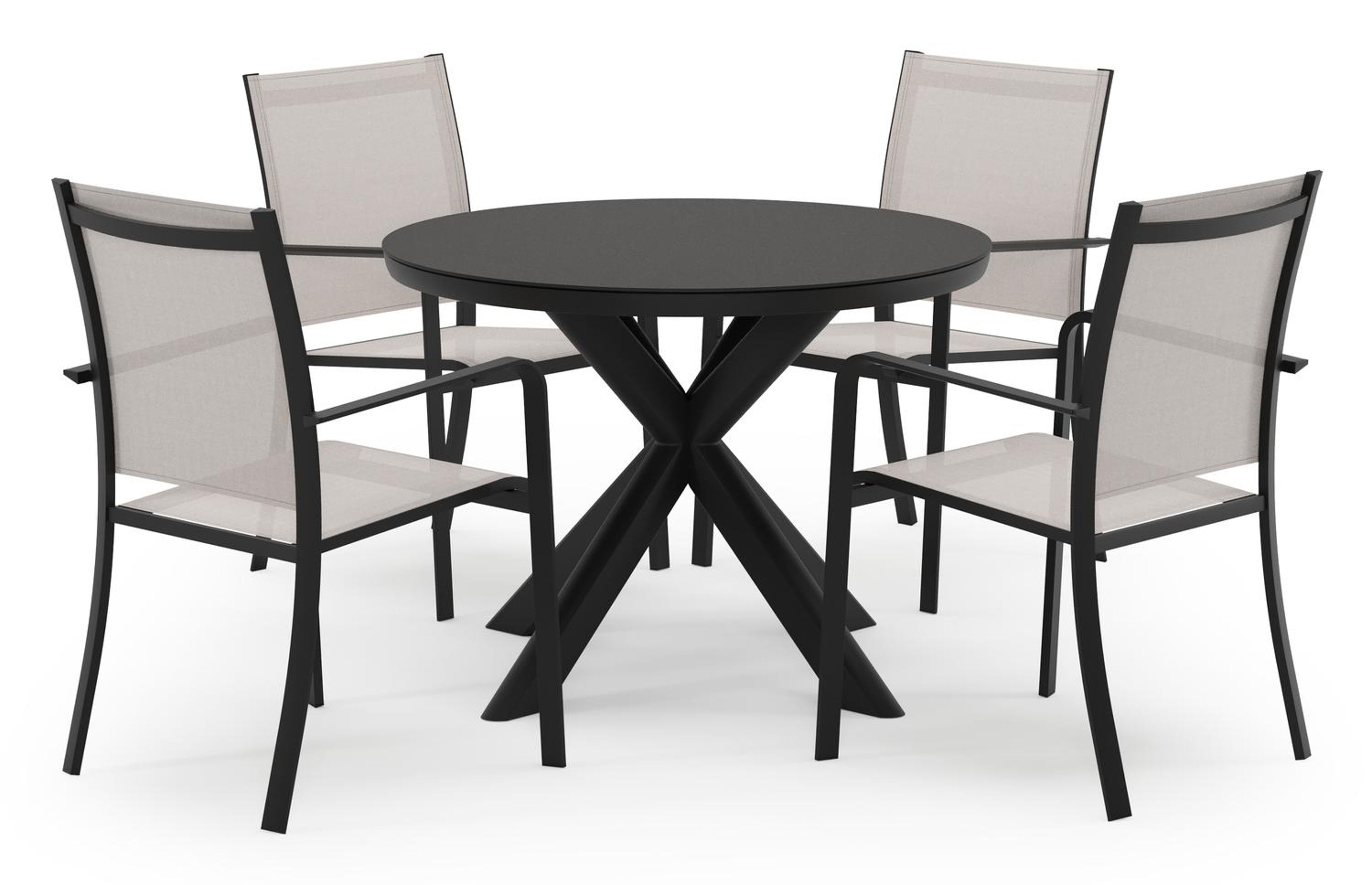 Pamplona ronde tuinset in zwart aluminium en sintered stone notte minerale met 4 Calobra tuinstoelen