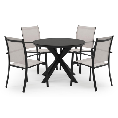 Pamplona ronde tuinset in zwart aluminium en sintered stone notte minerale met 4 Calobra tuinstoelen