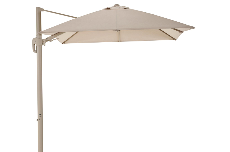 Rufina zweefparasol met tiltfunctie in beige aluminium met beige all weather sunbrella® premium parasoldoek - L1 350 x L2 250 cm (zonder voet)