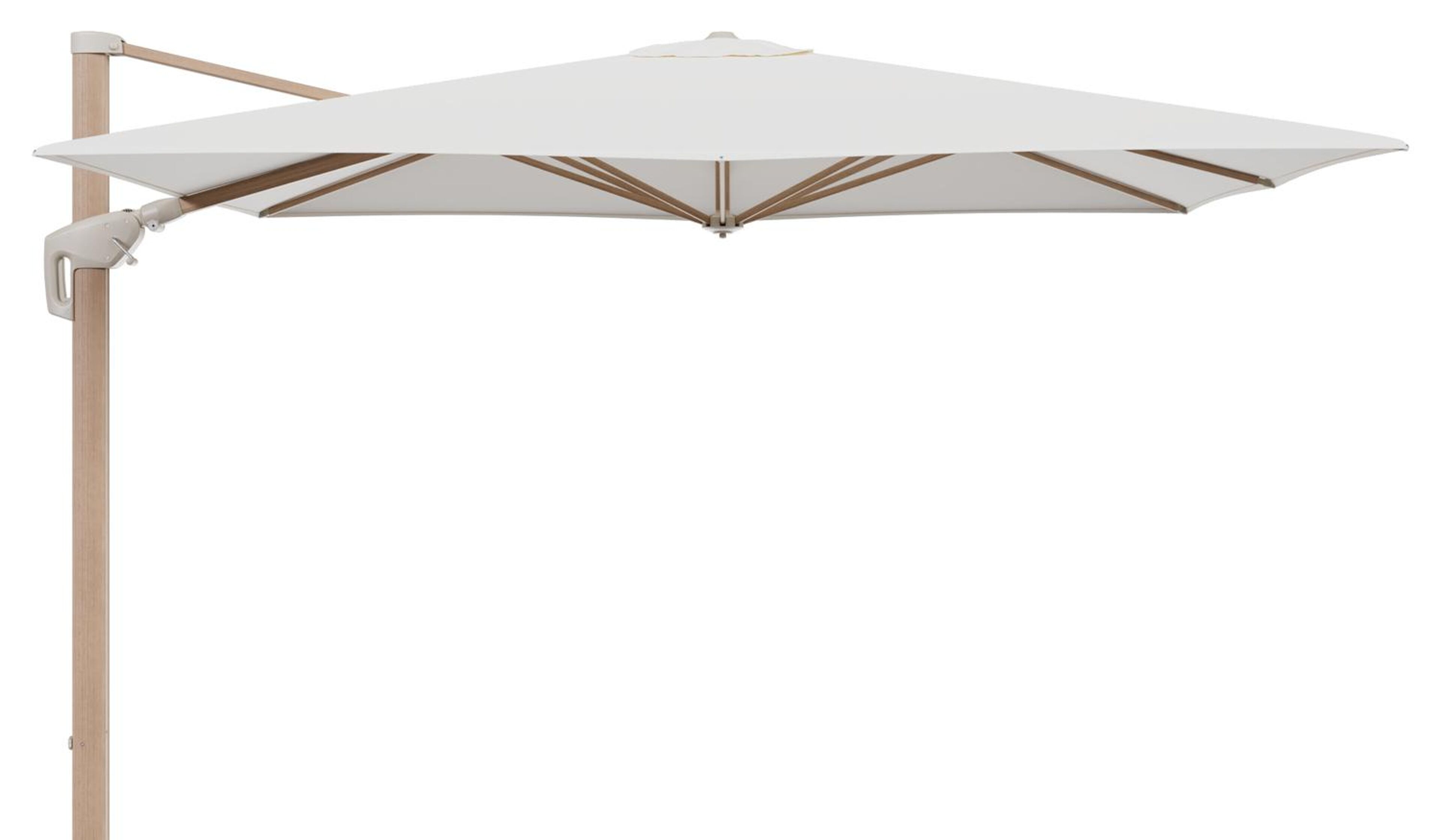 Parasol pendant Minore avec fonction tilt en aluminium aspect de bois et toile de parasol All Weather Sunbrella® Luxe Natte White - Lg.1: 280 x Lg.2: 370 cm (sans pied de parasol