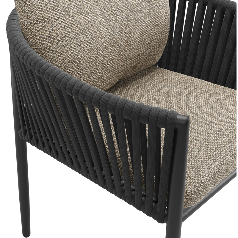 Organo tuinstoel in zwart aluminium en zwart verticaal geweven luxe vlakke rope met kussen in madagascar burch all weather cosytica