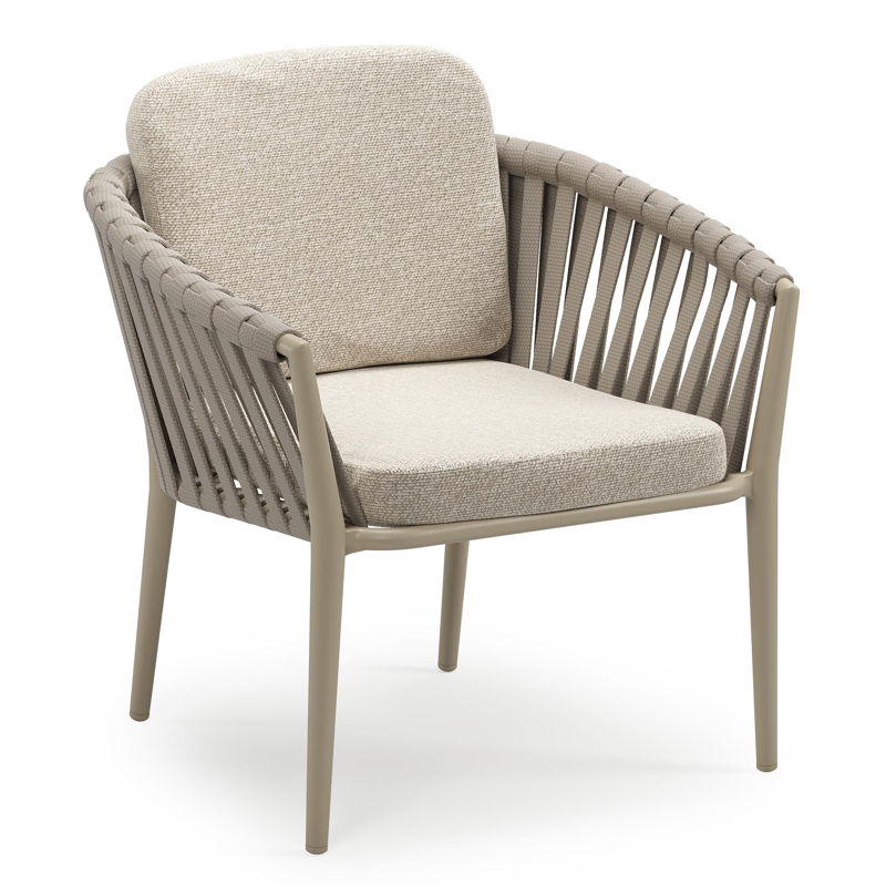Orso low dining tuinstoel in beige aluminium en beige verticaal geweven luxe vlakke brede rope met stoelkussen in All Weather Cosytica Marbella Ecru