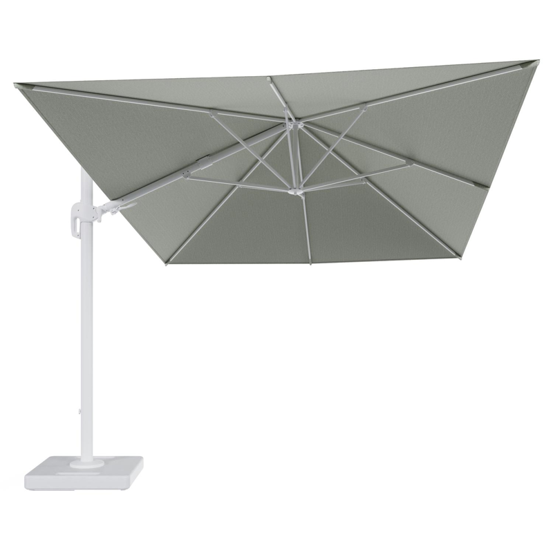 Rufina zweefparasol tiltfunctie in wit aluminium en parasoldoek in All Weather Sunbrella® Luxe Slow Spirea - L1 400 x L2 300 cm met parasolvoet Lapido 160 kg