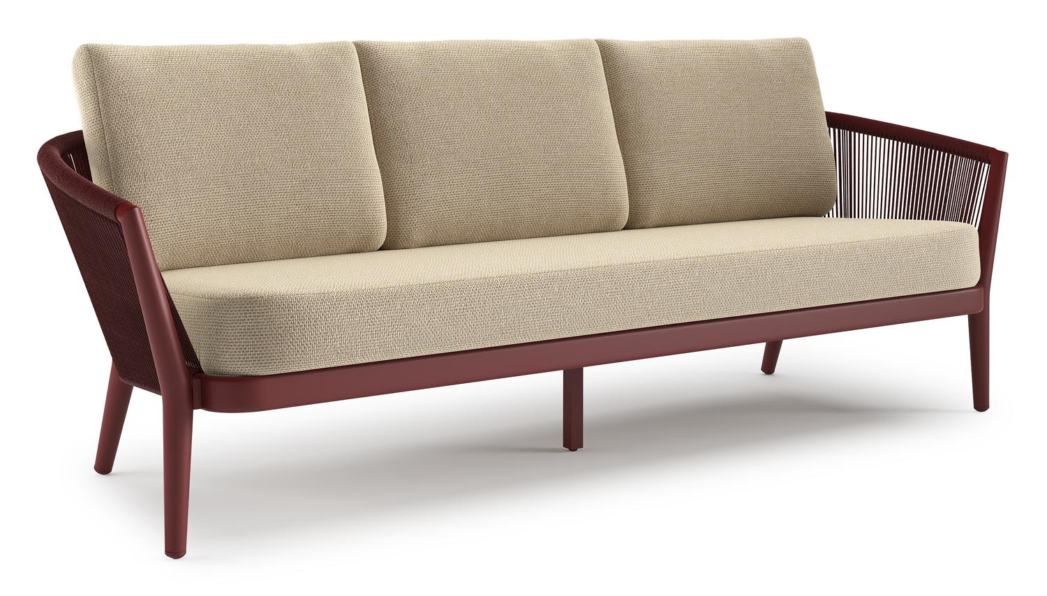 Orso loungebank in ruby aluminium en ruby verticaal geweven ronde rope met Althea Camel all weather cosytica kussen