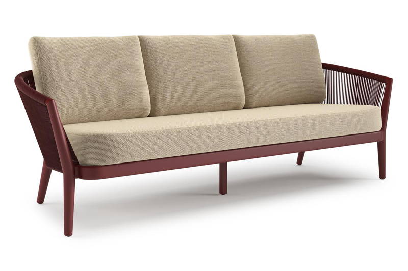 Canapé de jardin Orso en aluminium ruby en corde ronde tissée verticalement ruby et coussins en all weather cosytica Althea Camel