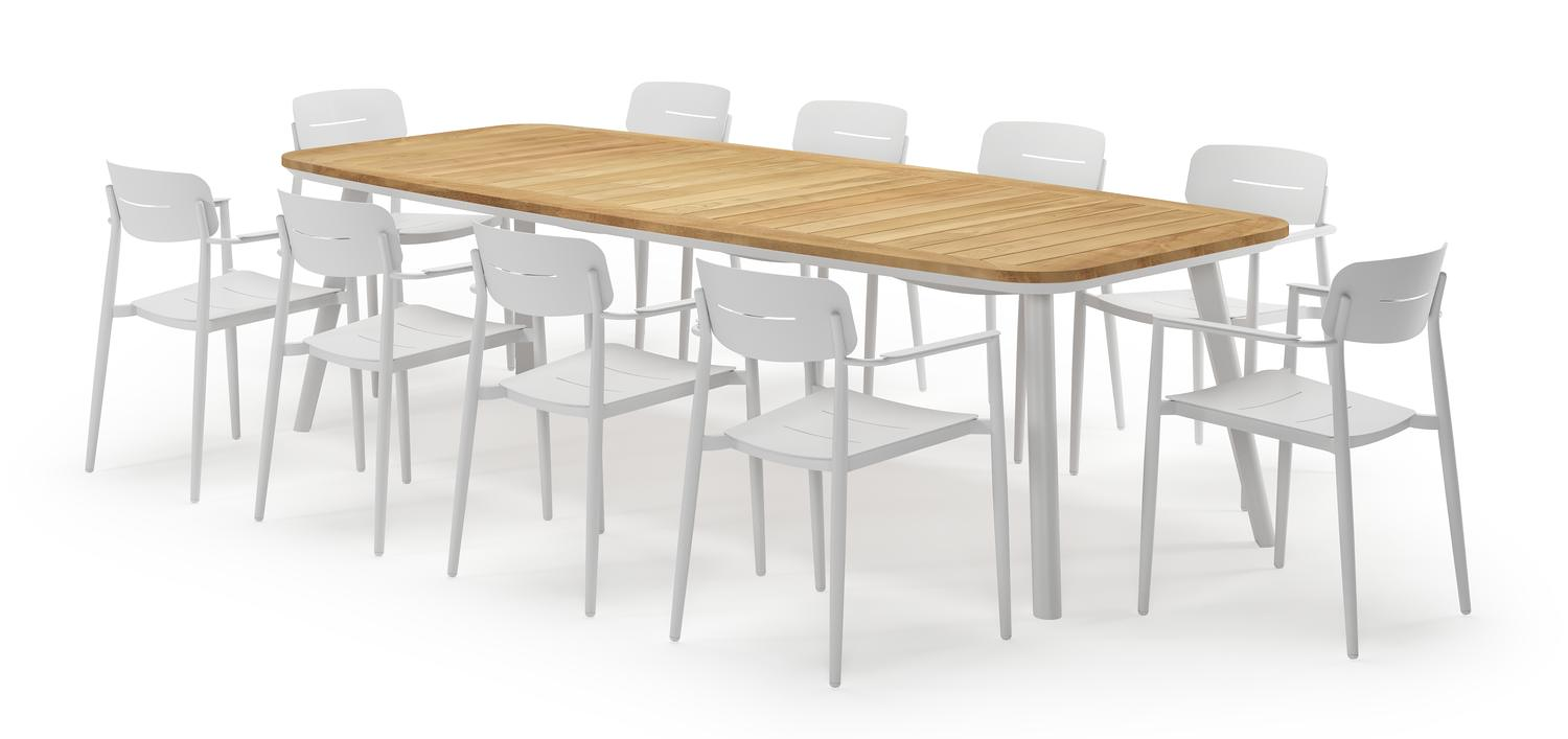 Mosa bootvormige tuinset in wit aluminium en teak natural finish met 10 Cosa tuinstoelen