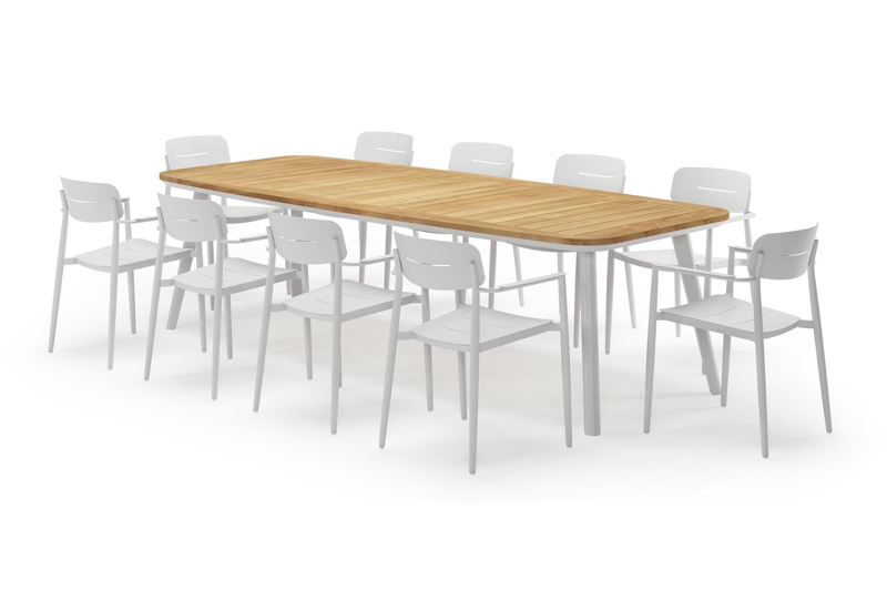 Mosa bootvormige tuinset in wit aluminium en teak natural finish met 10 Cosa tuinstoelen