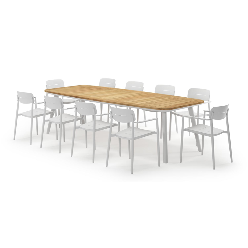 Mosa bootvormige tuinset in wit aluminium en teak natural finish met 10 Cosa tuinstoelen