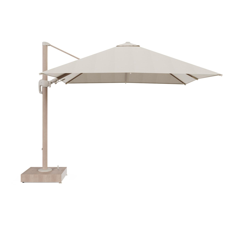 Rufina zweefparasol met tiltfunctie in houtlook aluminium en beige All Weather Sunbrella® Premium parasoldoek - L1 300 x L2 300 cm met parasolvoet Minore 150 kg met wielen