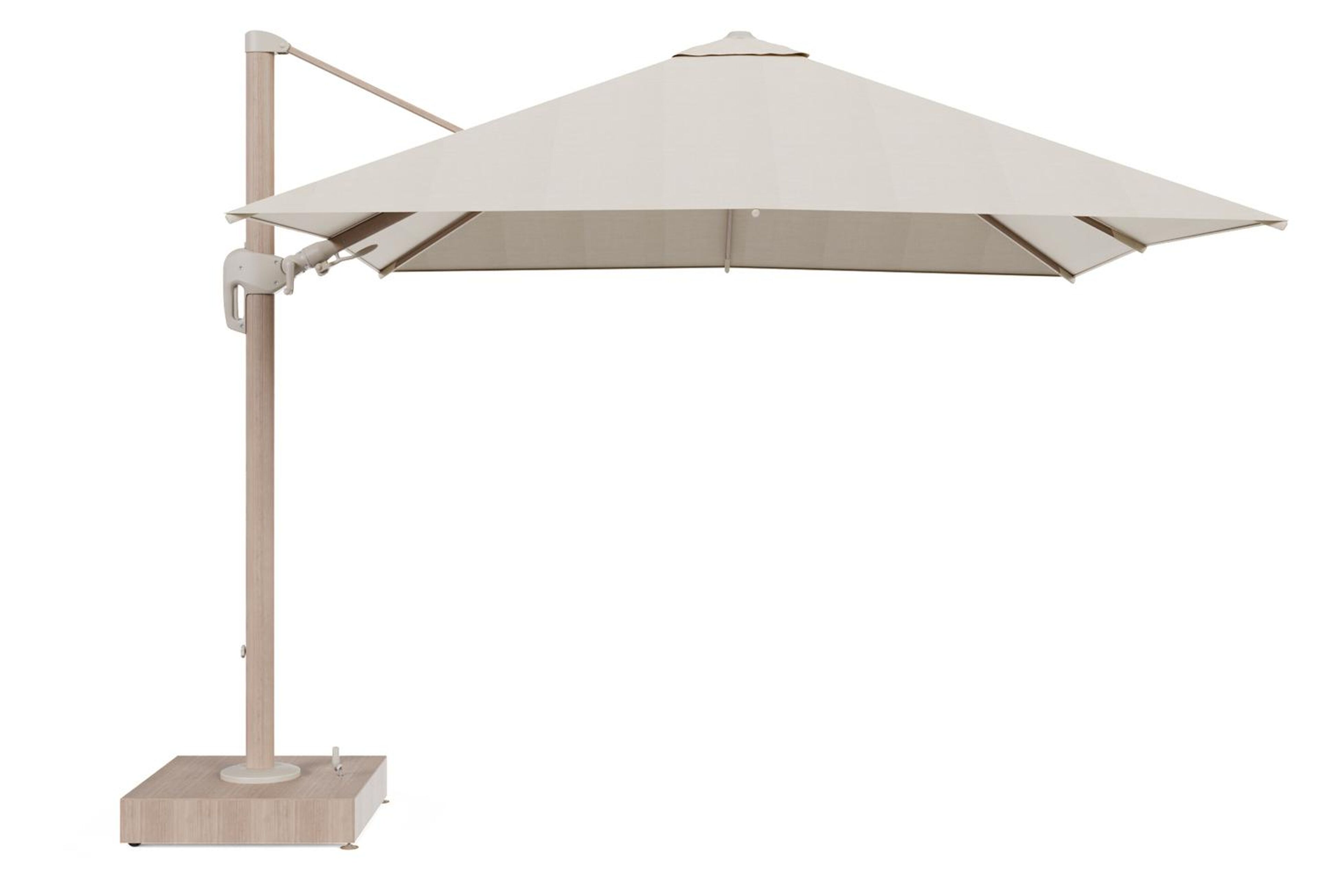 Rufina zweefparasol met tiltfunctie in houtlook aluminium en beige All Weather Sunbrella® Premium parasoldoek - L1 300 x L2 300 cm met parasolvoet Minore 150 kg met wielen
