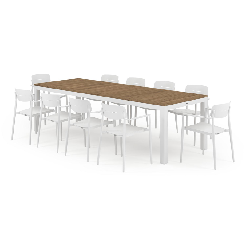 Varese tuinset in wit aluminium en colour finish teak tafelblad met 10 stapelbare Cosa tuinstoelen