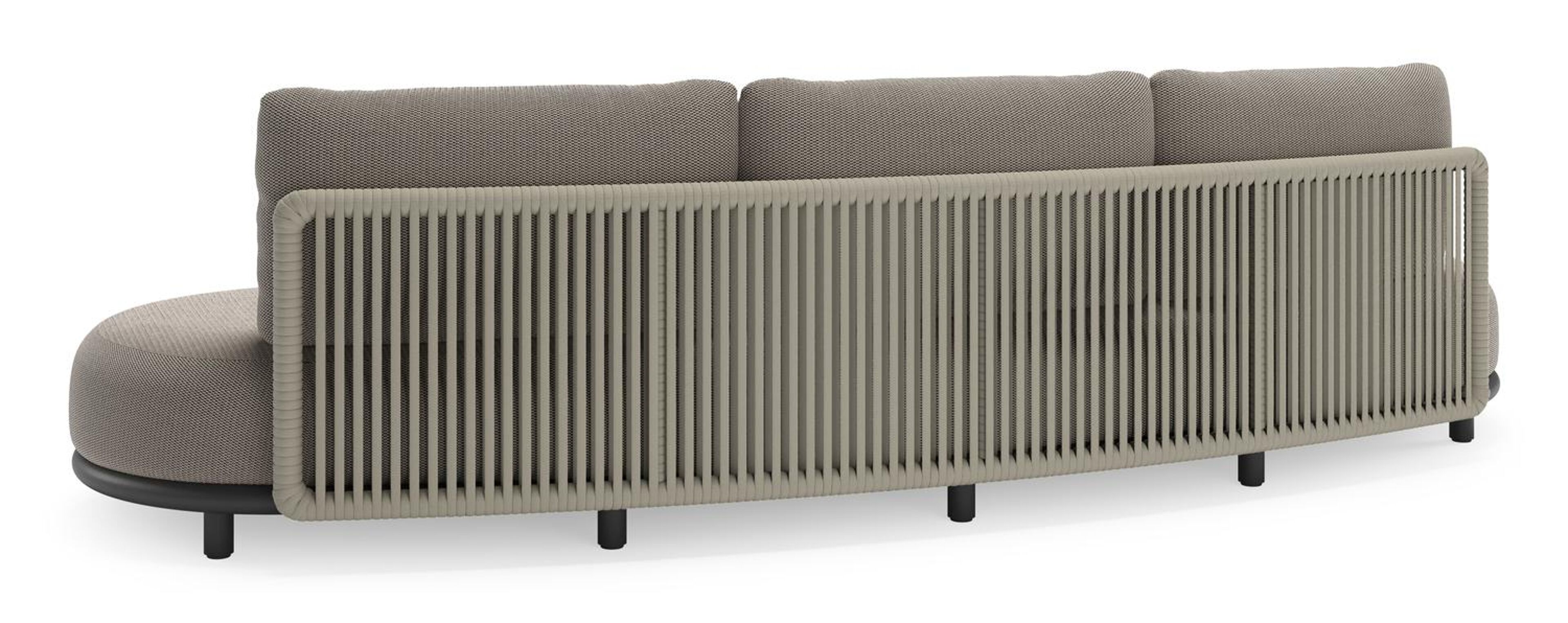 Lomano loungebank in zwart aluminium en beige verticaal geweven luxe vlakke rope met Lopi Pepper all weather sunbrella® luxe
