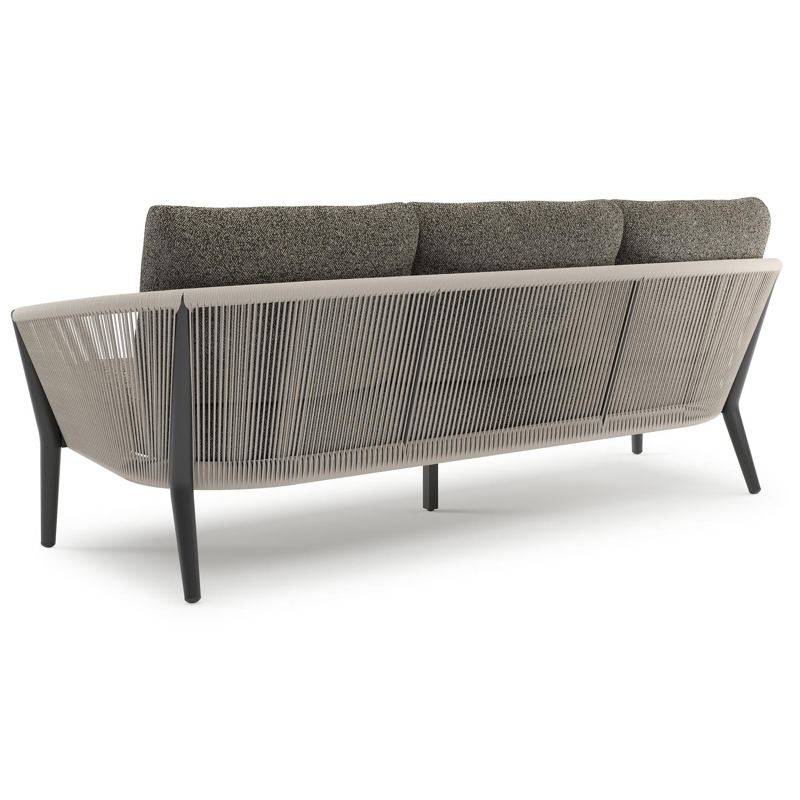 Orso loungeset in zwart aluminium en beige verticaal geweven ronde rope met Marbella Tunder all weather cosytica kussen