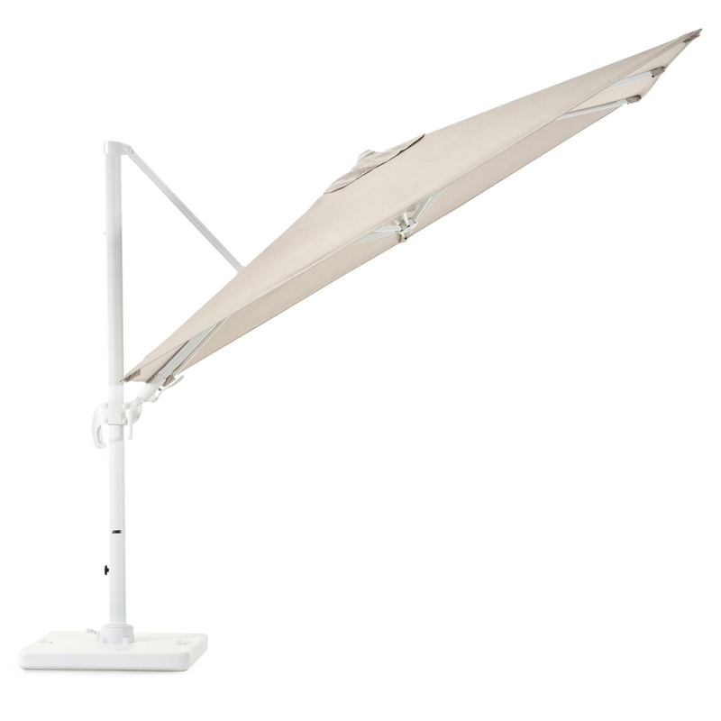 Avola zweefparasol met tiltfunctie in wit aluminium en Natte Graumel Chalk Sunbrella® Premium parasoldoek - L1 200 x L2 300 cm met Pedito parasolvoet 120 kg