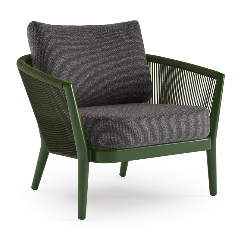 Orso loungestoel in groen aluminium en groen verticaal geweven ronde rope met Firenze Tunder all weather solica kussen