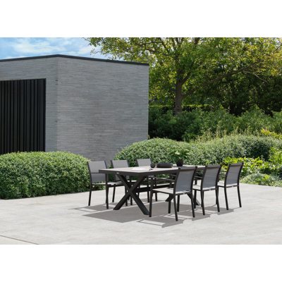 Reza tuinset in zwart aluminium en grijs volkeramiek tafelblad met 6 stapelbare Bareto tuinstoelen