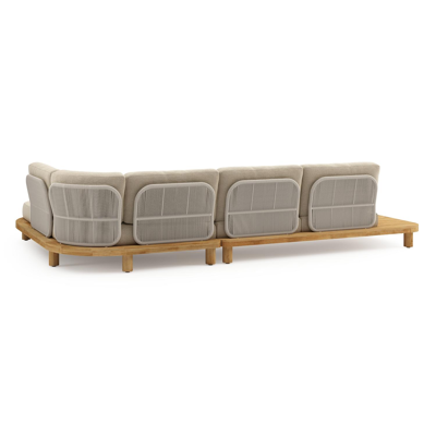 Donato loungehoek in teak en beige verticaal geweven ronde rope met all weather cosytica Althea Camel kussen