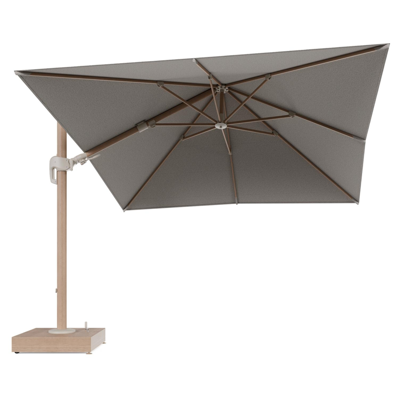 Rufina zweefparasol met tiltfunctie in houtlook aluminium en Firenze Sand All Weather Solica parasoldoek - L1 300 x L2 300 cm met parasolvoet Minore 150 kg met wielen
