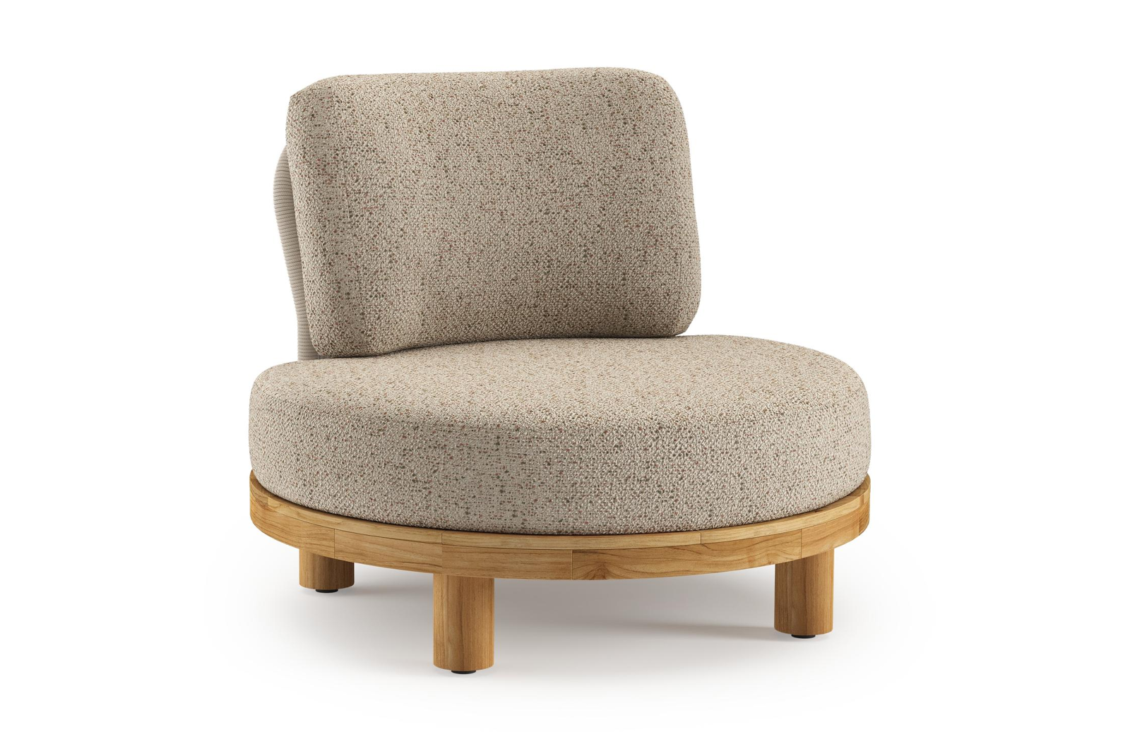 Donato loungestoel in teak en beige verticaal geweven ronde rope met all weather cosytica Bora Jungle kussen