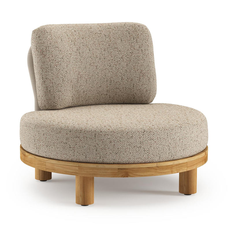 Donato loungestoel in teak en beige verticaal geweven ronde rope met all weather cosytica Bora Jungle kussen