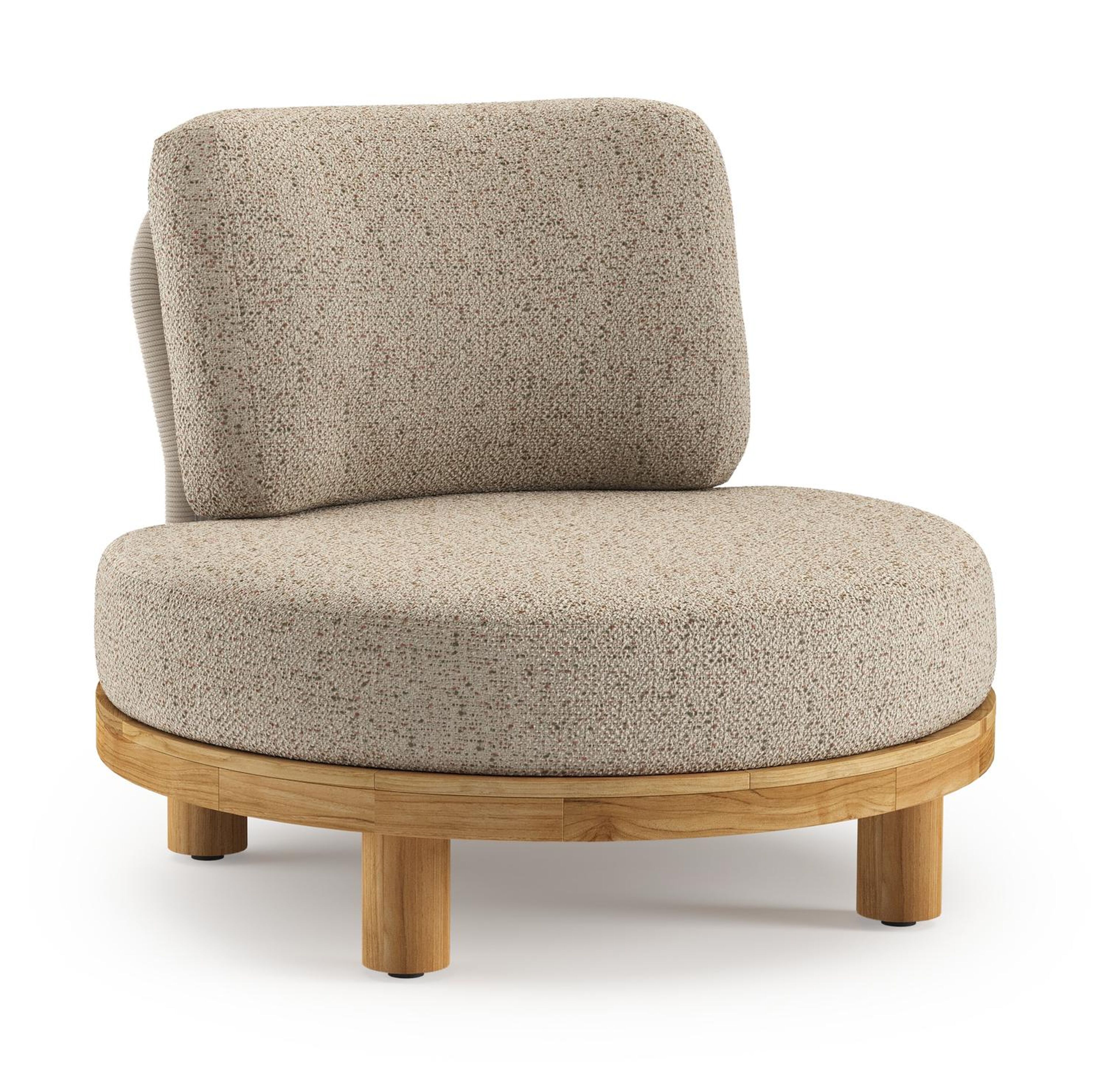 Donato loungestoel in teak en beige verticaal geweven ronde rope met all weather cosytica Bora Jungle kussen