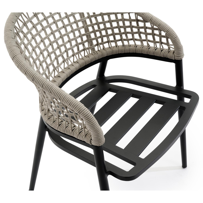 Lacrima tuinstoel in zwart aluminium en beige vierkant geweven ronde rope 