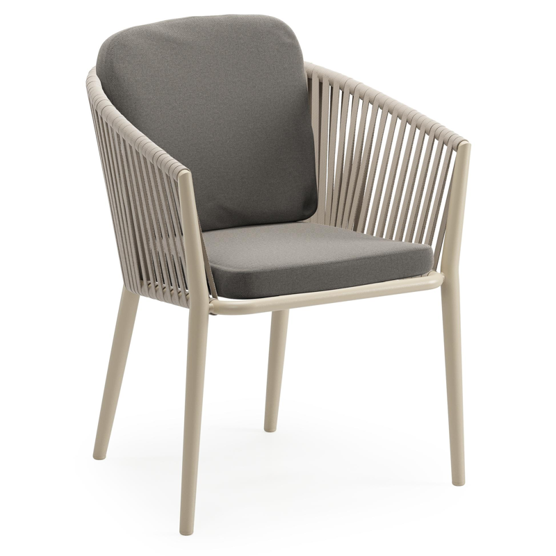 Chaise de jardin Orso en aluminium beige et corde plate tissée verticalement beige avec coussin luxe en All Weather Sunbrella® Luxe Natte Dark Taupe