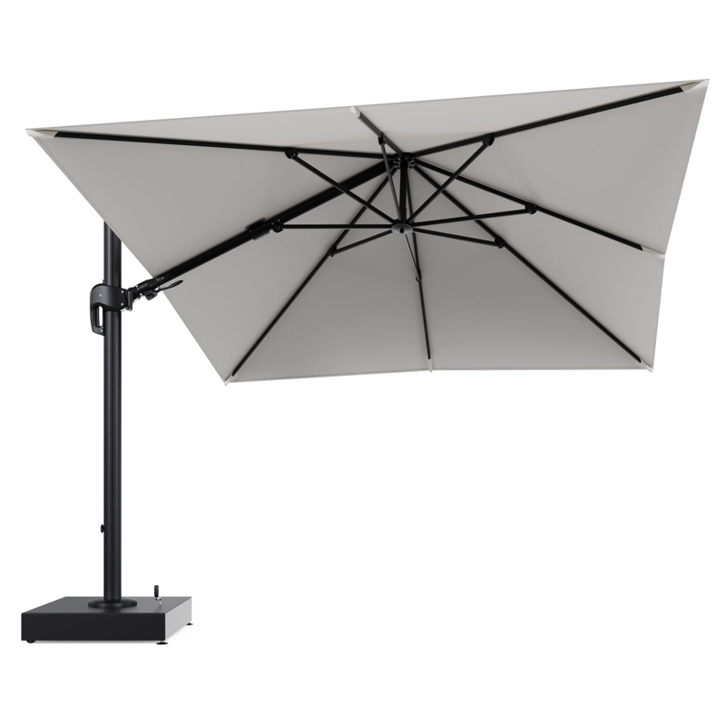 Rufina zweefparasol met tiltfunctie in zwart aluminium en Savane White All Weather Sunbrella® Luxe parasoldoek - L1 300 x L2 300 cm met parasolvoet Minore 150 kg met wielen