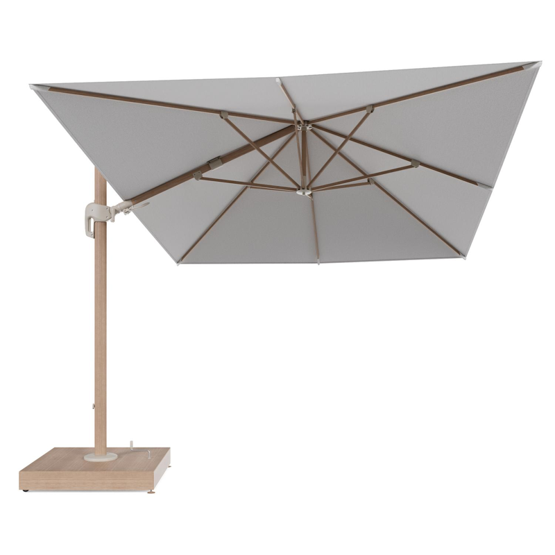 Rufina zweefparasol met tiltfunctie in houtlook aluminium en Ego Birch All Weather Solica parasoldoek - L1 400 x L2 300 cm met parasolvoet Minore 260 kg met wielen