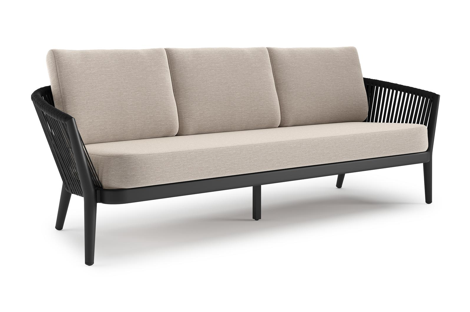 Orso loungebank in zwart aluminium en zwart verticaal geweven luxe vlakke rope met Slow Farafra all weather sunbrella® luxe kussen