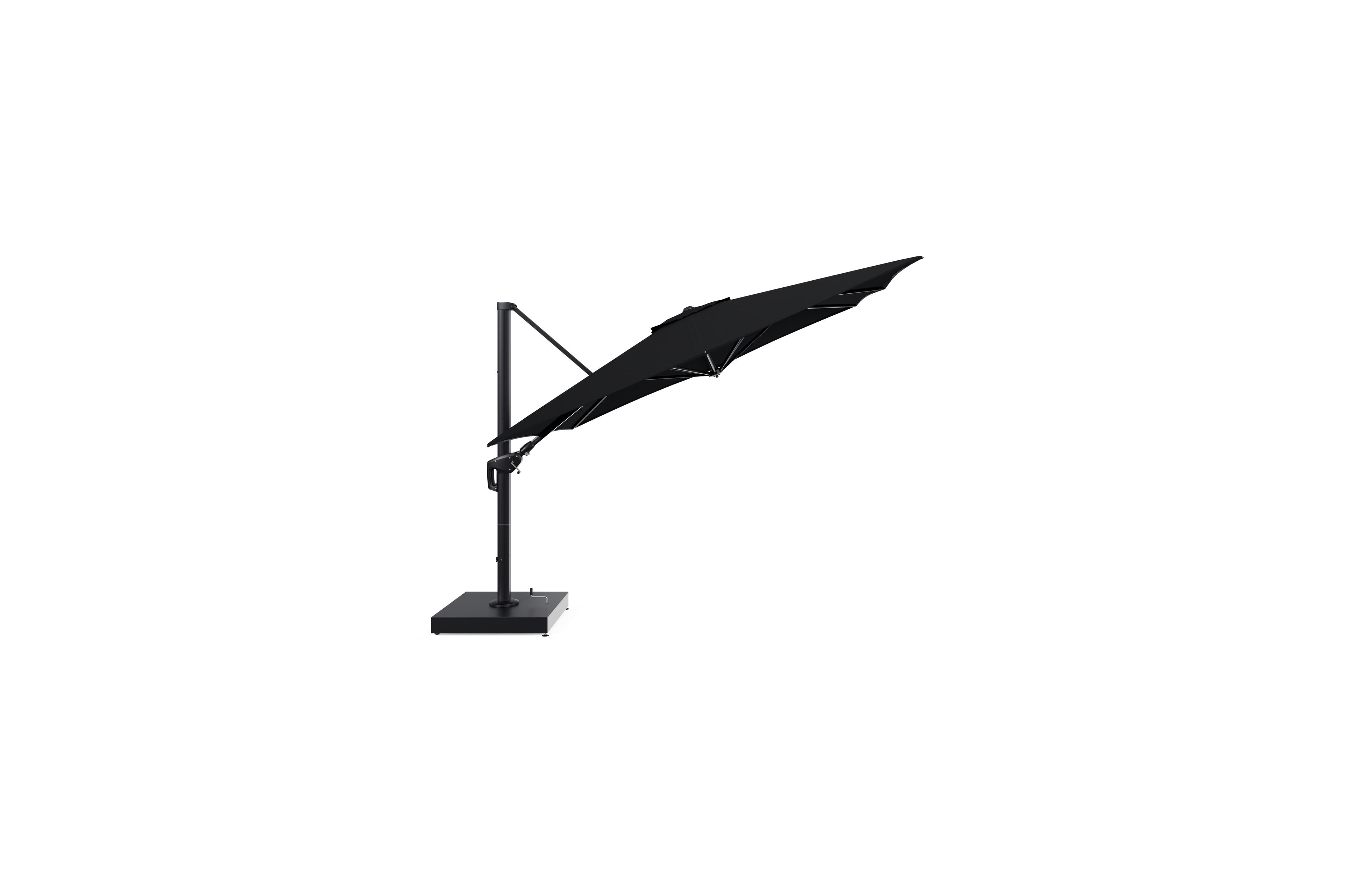 Minore zweefparasol met tiltfunctie in zwart aluminium en zwart All Weather Sunbrella® Premium parasoldoek - L1 350 x L2 350 cm met parasolvoet Minore 260 kg met wielen