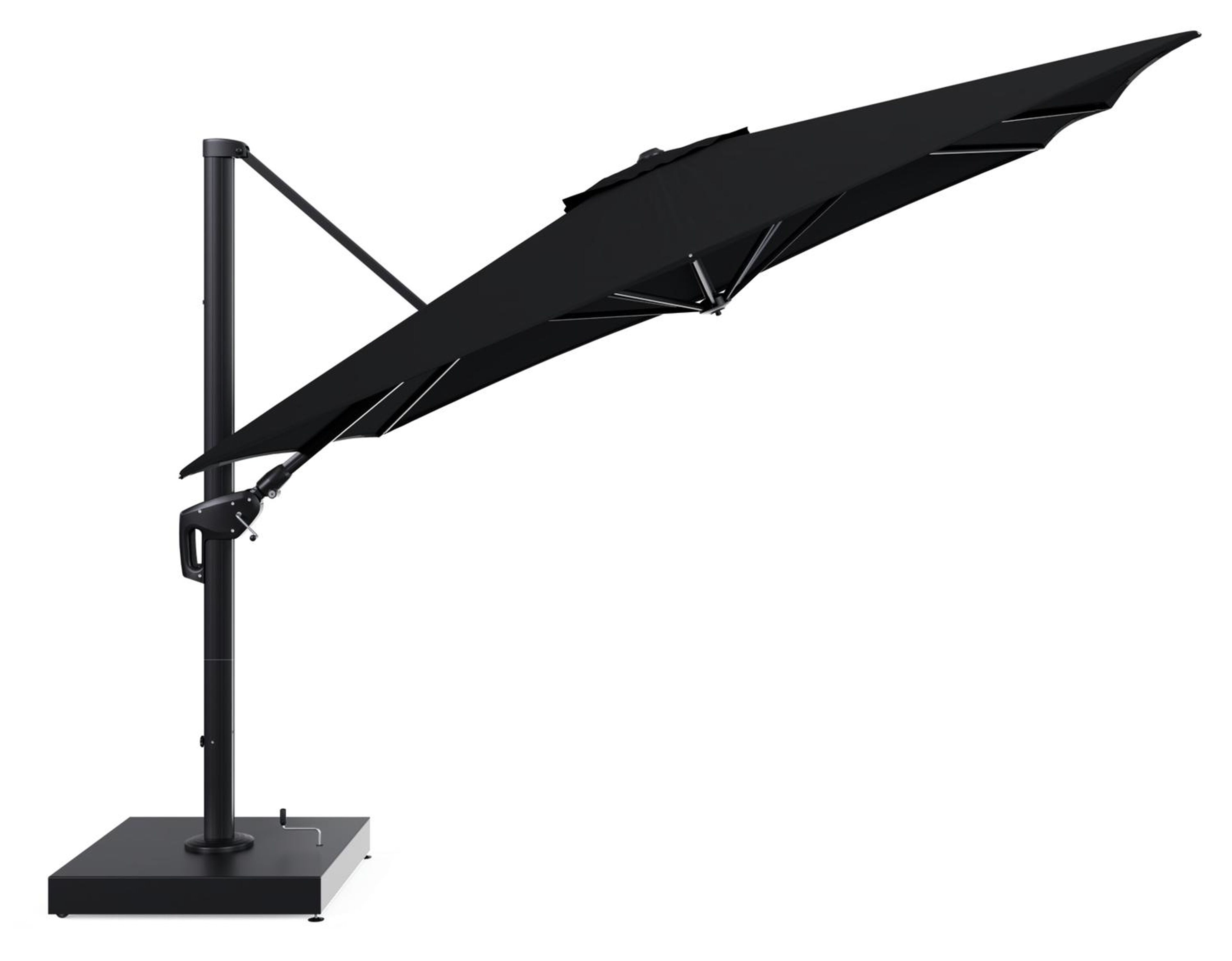 Minore zweefparasol met tiltfunctie in zwart aluminium en zwart All Weather Sunbrella® Premium parasoldoek - L1 350 x L2 350 cm met parasolvoet Minore 260 kg met wielen