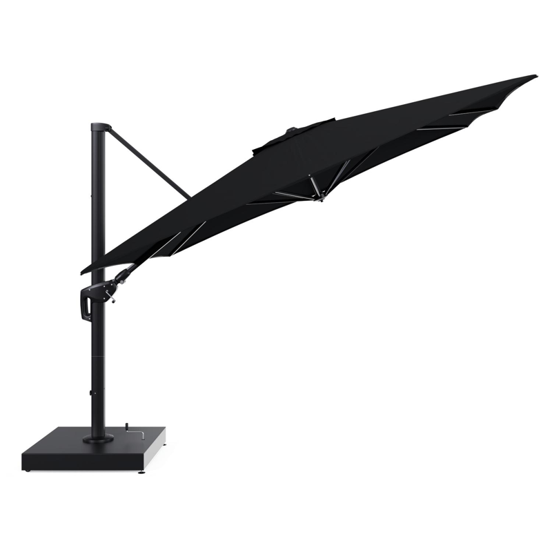 Minore zweefparasol met tiltfunctie in zwart aluminium en zwart All Weather Sunbrella® Premium parasoldoek - L1 350 x L2 350 cm met parasolvoet Minore 260 kg met wielen