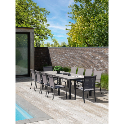 Varese tuinset in zwart aluminium en grijs volkeramiek tafelblad met 10 stapelbare Calobra tuinstoelen