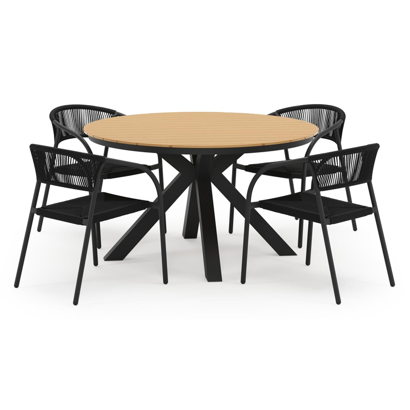 Tora tuinset in zwart aluminium en polywood met 4 stapelbare Melo tuinstoelen