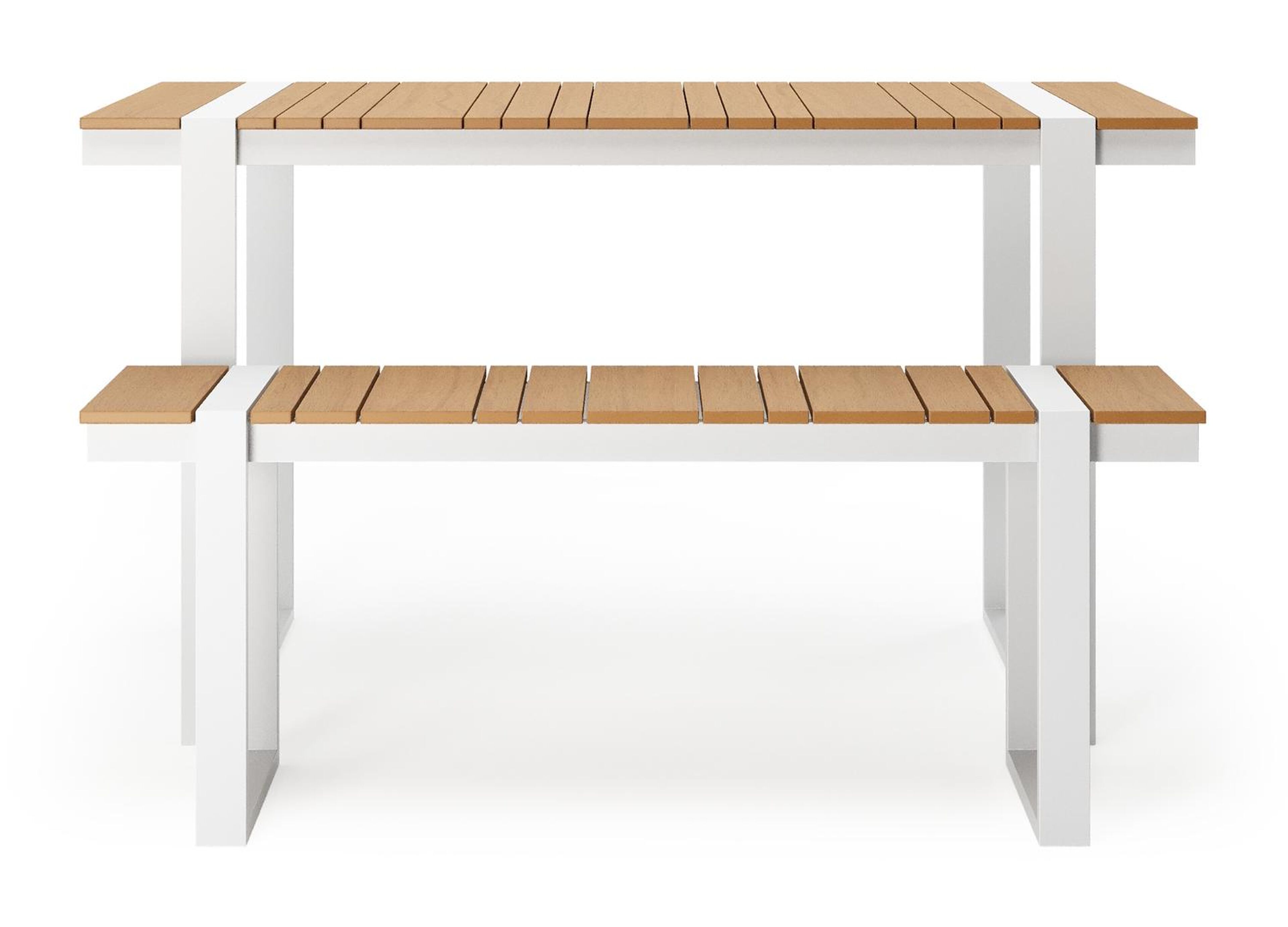 Table basse et banc Merida en blanc aluminium et polywood - Lg. 123 x Lrg. 70 x Haut. 70 cm