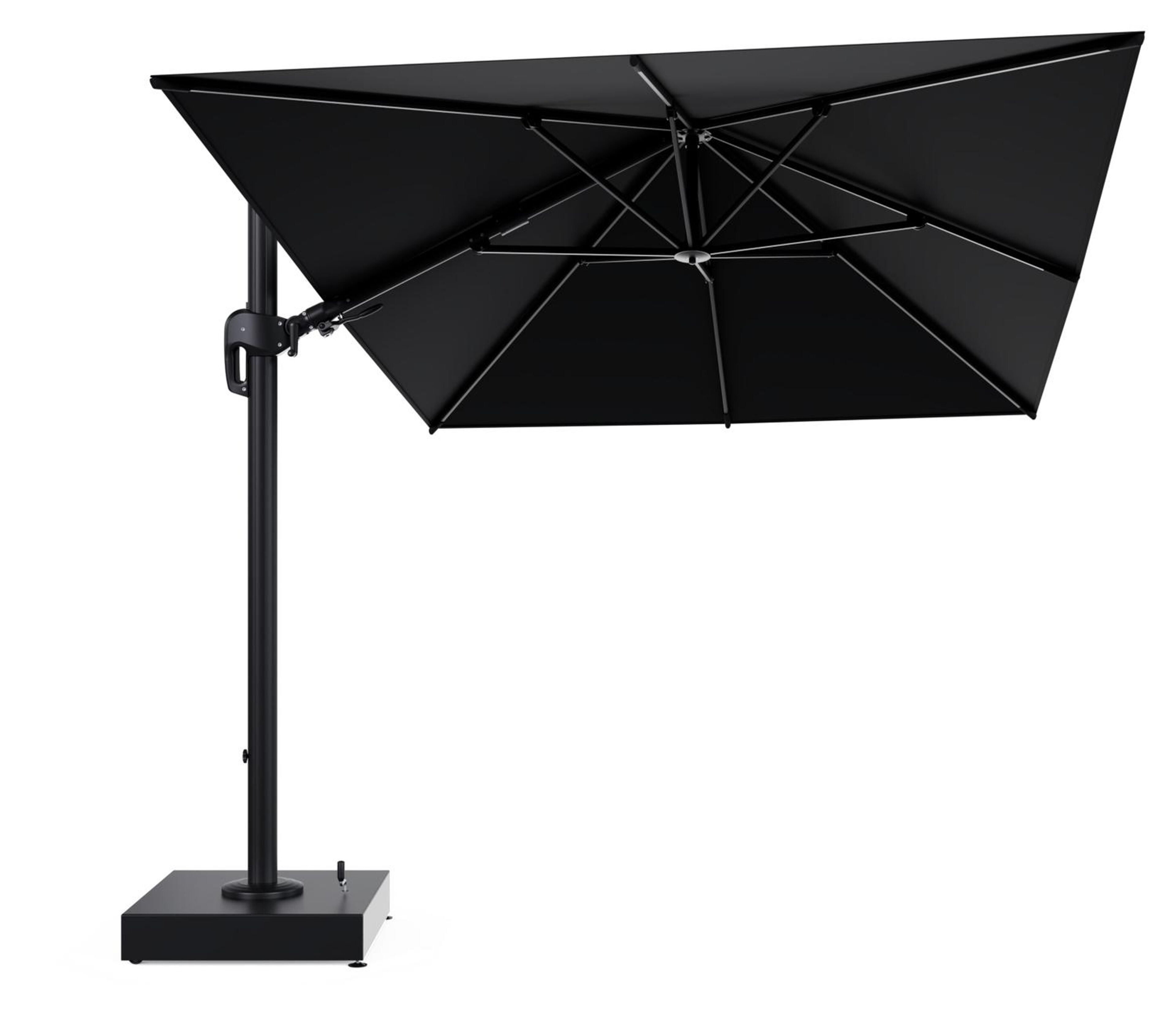 Rufina zweefparasol met tiltfunctie in zwart aluminium en zwart All Weather Sunbrella® Premium parasoldoek - L1 350 x L2 250 cm met parasolvoet Minore 150 kg met wielen