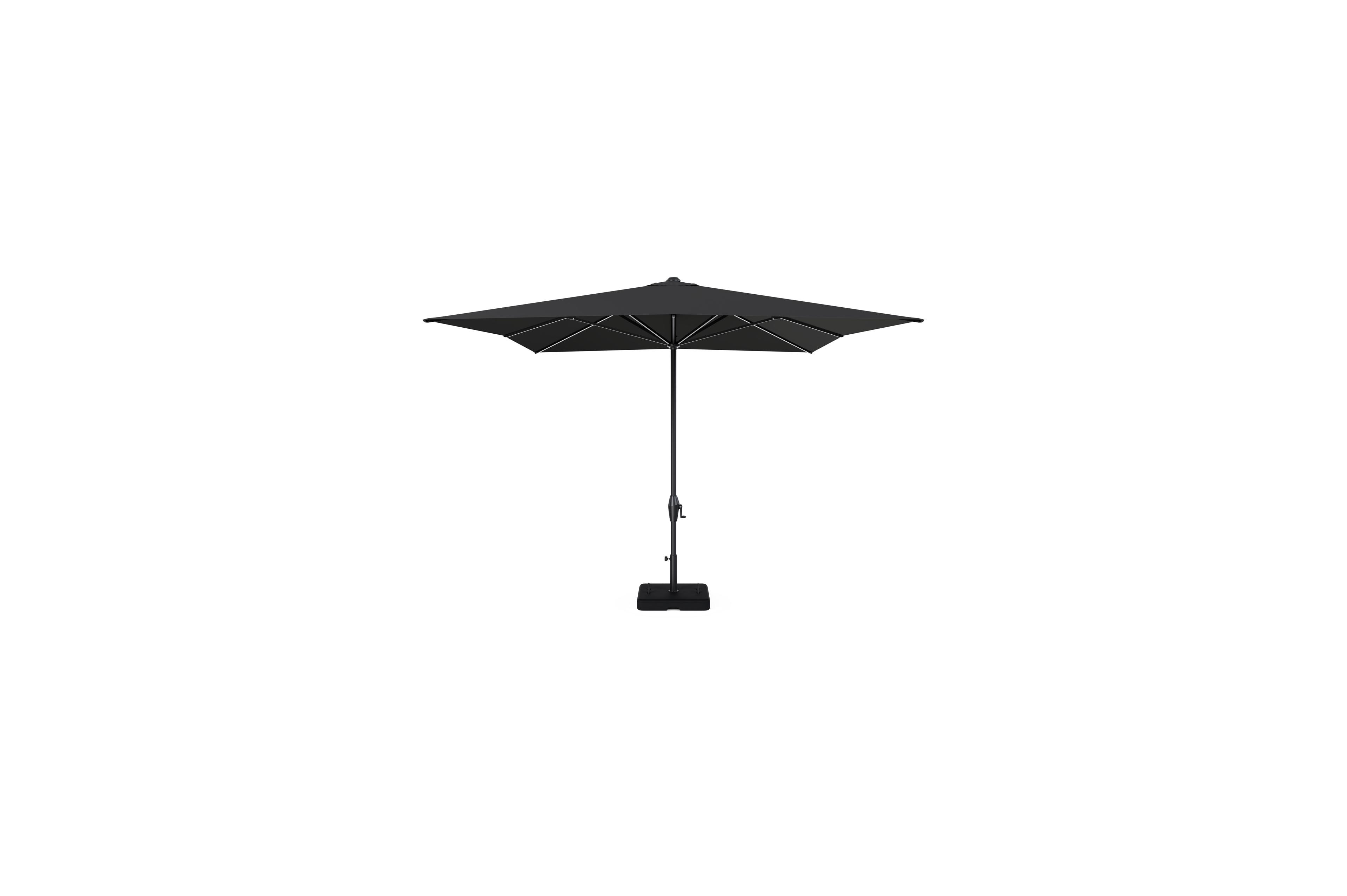 Viola staanparasol in zwart aluminium met zwart weather+ softtouch parasoldoek - L1 300 x L2 400 cm met parasolvoet Intenso 60 kg
