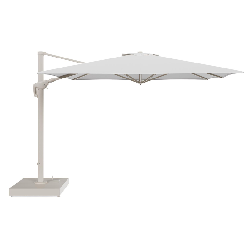 Minore zweefparasol met tiltfunctie in beige aluminium en Ego Birch All Weather Solica parasoldoek - L1 350 x L2 350 cm met parasolvoet Minore 260 kg met wielen