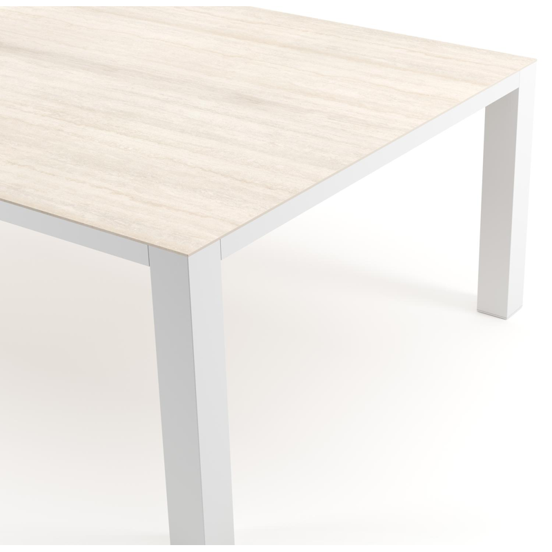 Table de jardin Nano rectangulaire en aluminium blanc et céramique pleine Travertino Bianco - Lg. 240 x Lrg. 148 x Haut. 73 cm