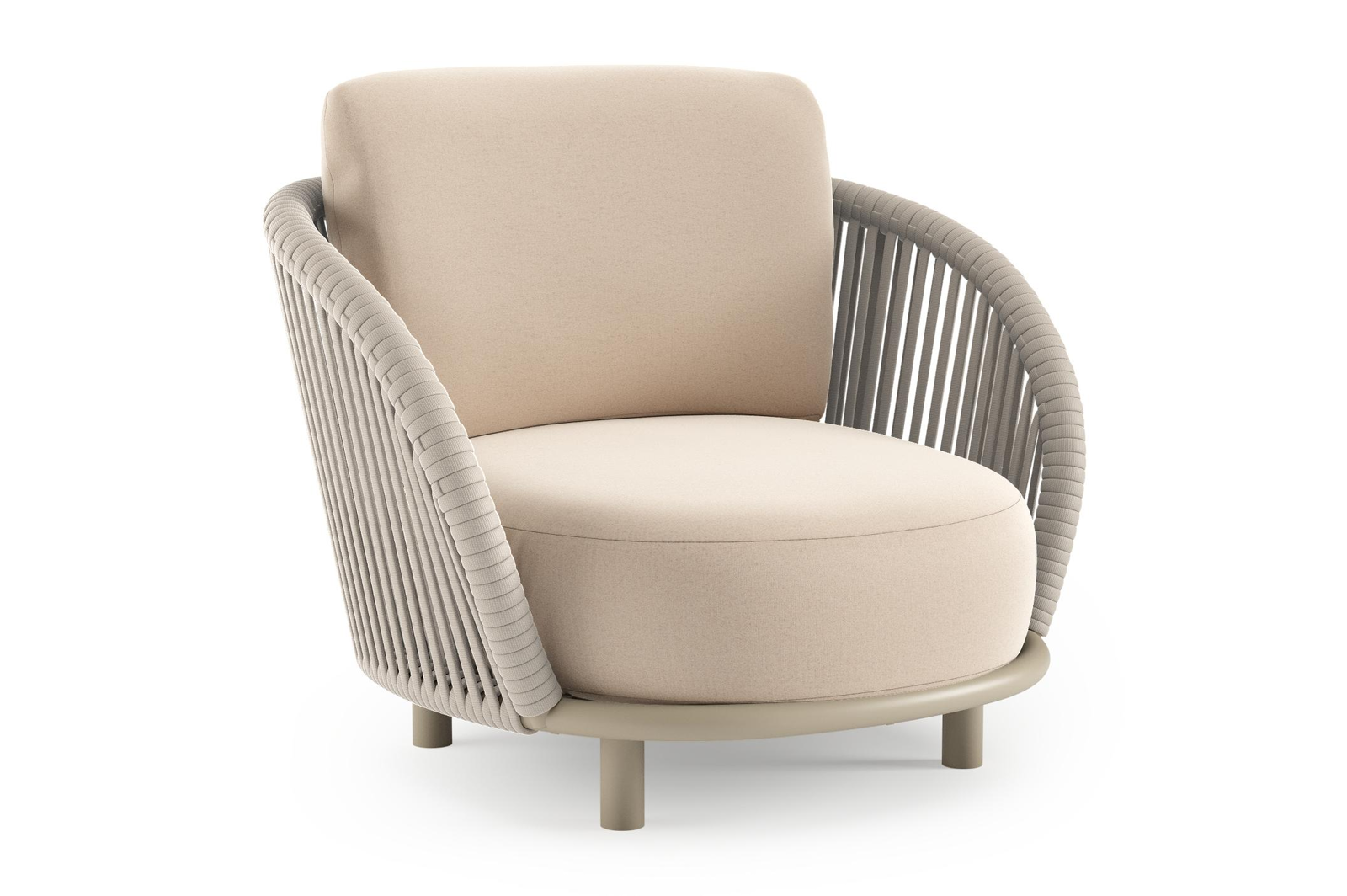 Lupino loungestoel in beige aluminium en beige verticaal geweven luxe vlakke brede rope met natte linen chalk all weather sunbrella® luxe kussen