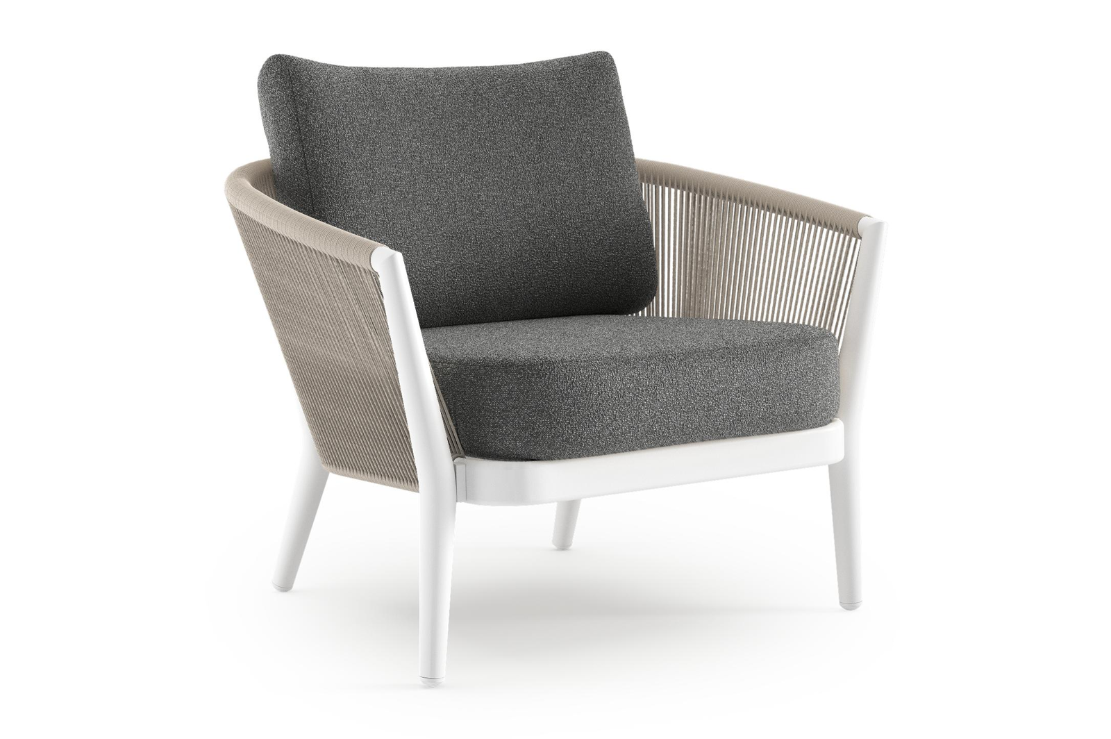 Fauteuil de jardin Orso en aluminium blanc en corde ronde tissée verticalement beige et coussins en all weather cosytica Catania Black